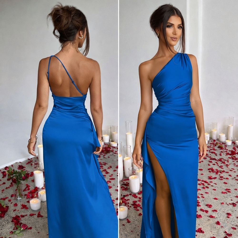 Elegant Blue One-Shoulder Dress Sz Small - Picture 1 of 3
